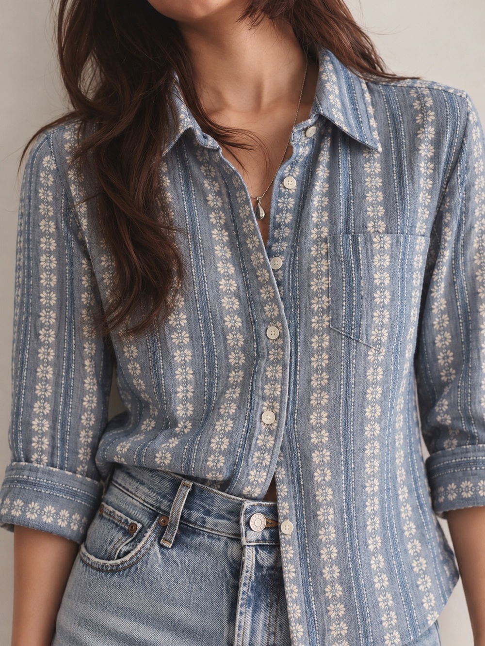 281. Karen Scott Blue Daisy-Stripe Button Down Shirt